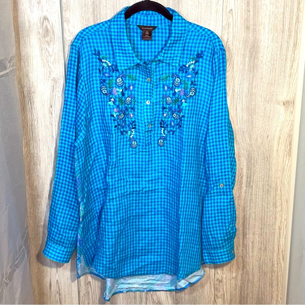 Multiples Turquoise & Navy Checkered Embroidered Linen Longsleeve Shirt XL
